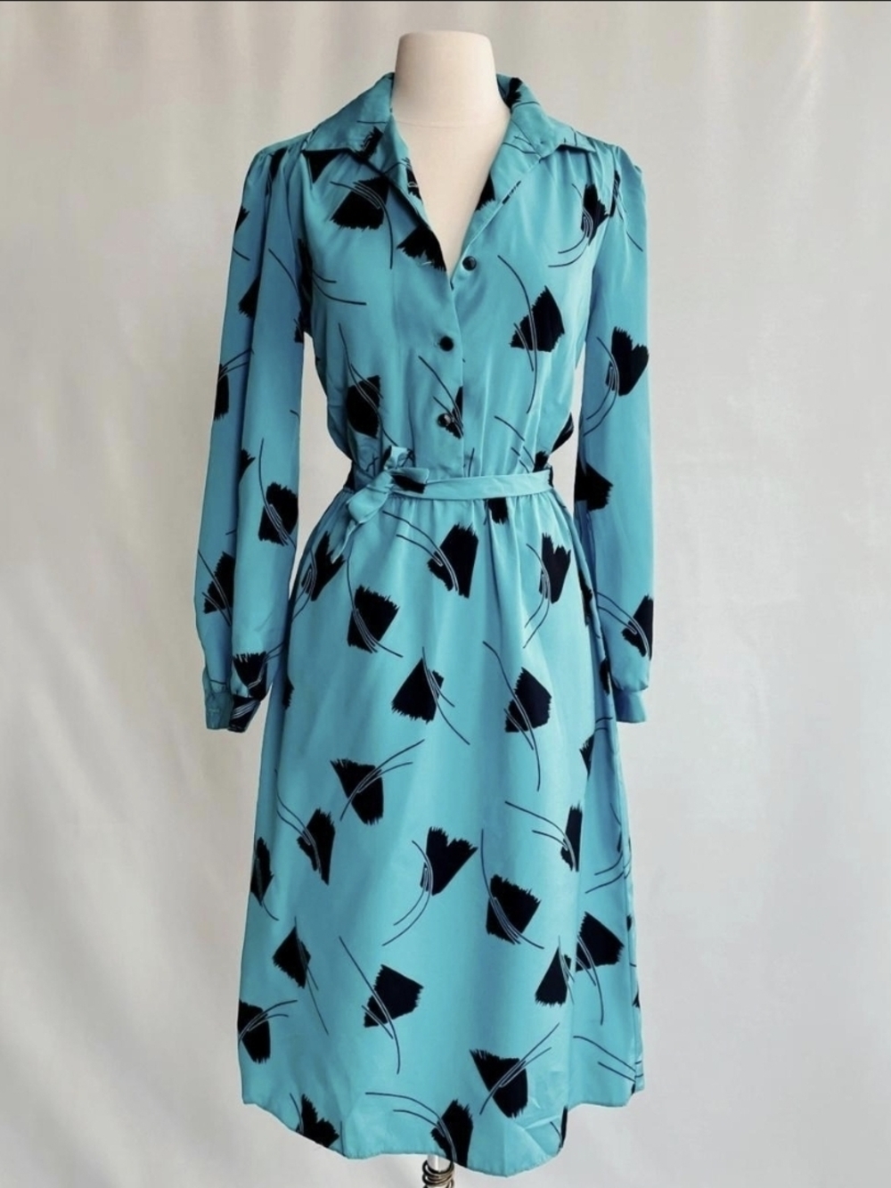 Women's Teal Blue Shirt Dress with Black Print